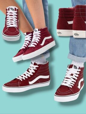New❤️ Vans Off The Wall SK8-Hi Slim Burgundy/White Suede/Canvas Sneakers Unisex